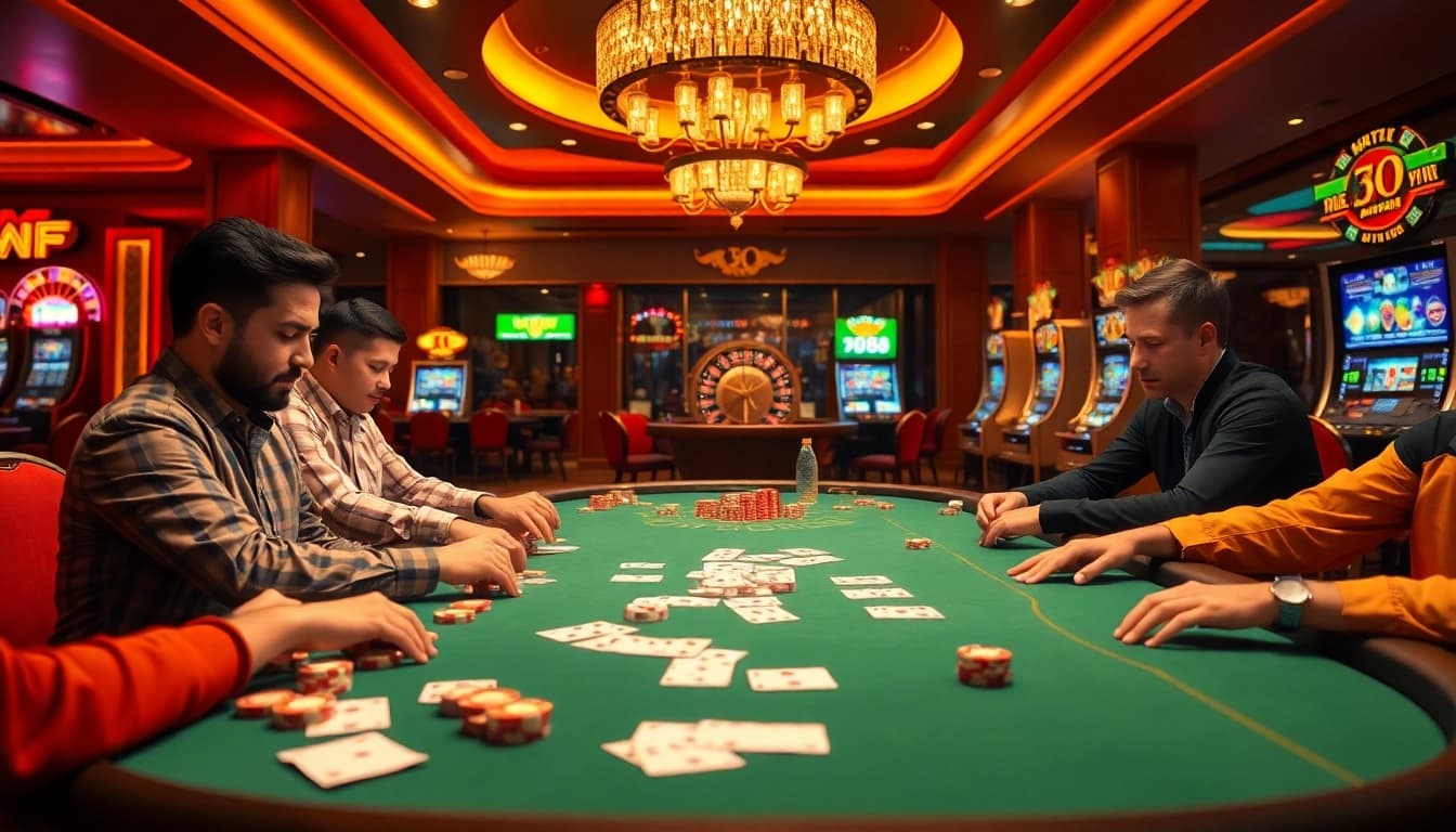 Experience the excitement of Nhà Cái QQ88 with players enjoying high-stakes poker at vibrant casino tables.