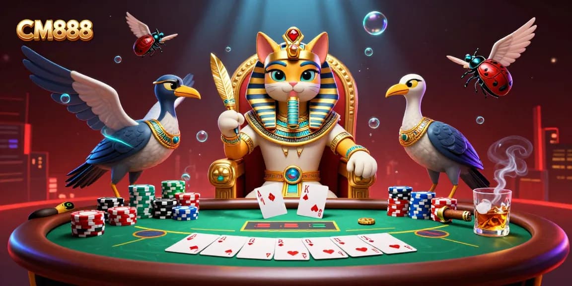 Experience CM888's rich casino atmosphere with a pharaoh cat and poker elements.