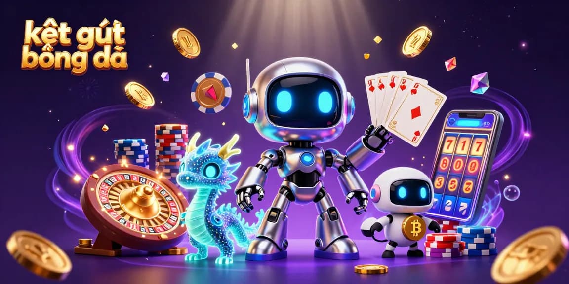 Visualize kết quả bóng đá as cool 3D cartoon cyberpunk robot and digital dragon amid casino themes.