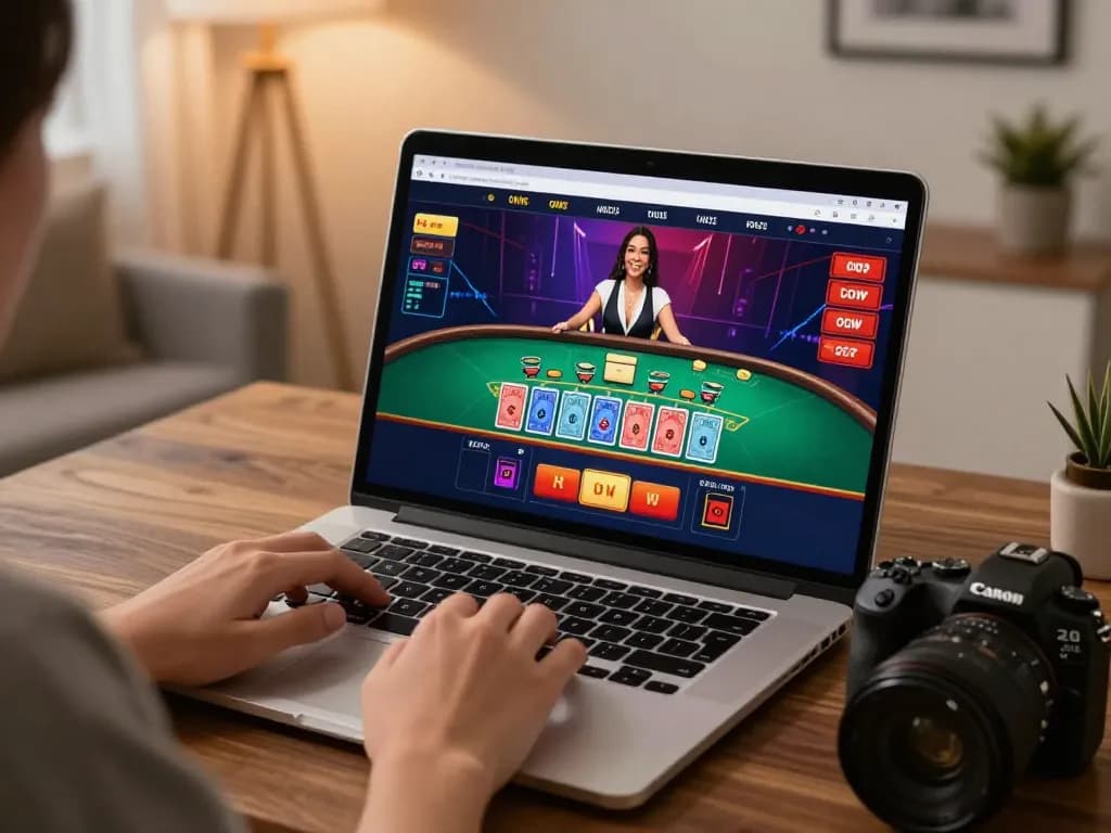 Engaged player exploring live Baccarat at online LLWIN casino on laptop.