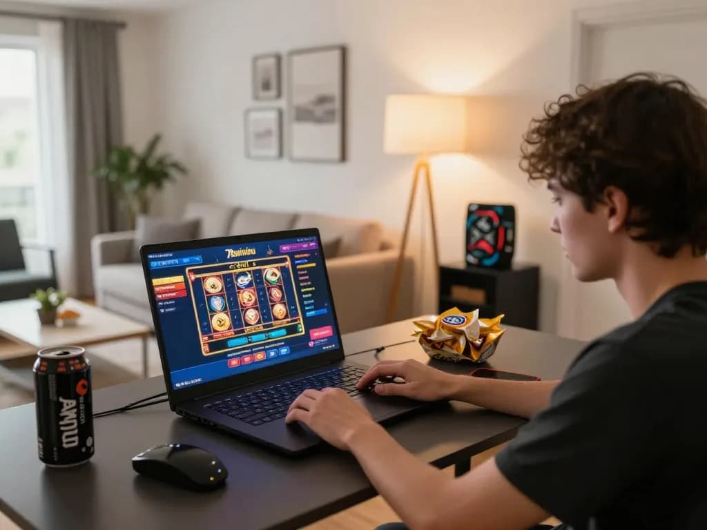 Player engaging with 78winvina casino platform on laptop during home gaming session