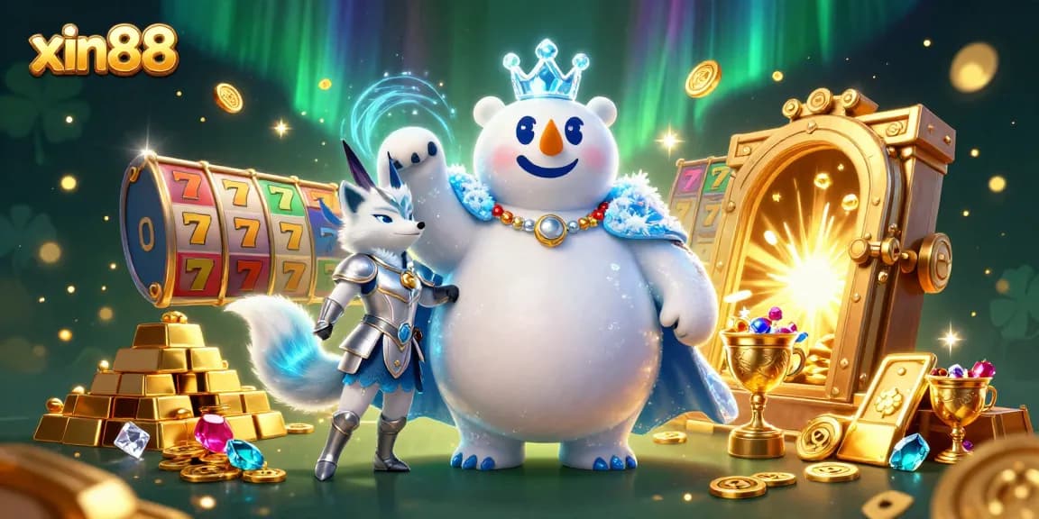 "Experience lucrative wins at xin88 with vibrant slot games and immersive illustrations of the ice king polar bear and his fox companion."