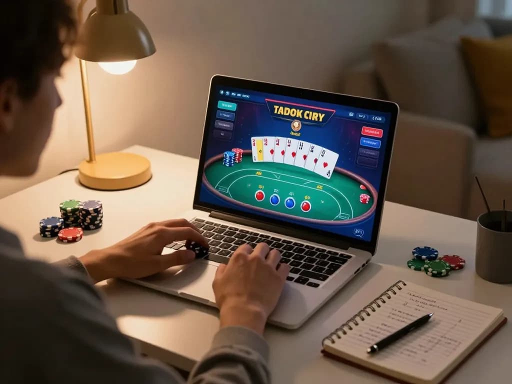 Engaged player analyzing poker strategies on uu88 platform in a cozy home setup.