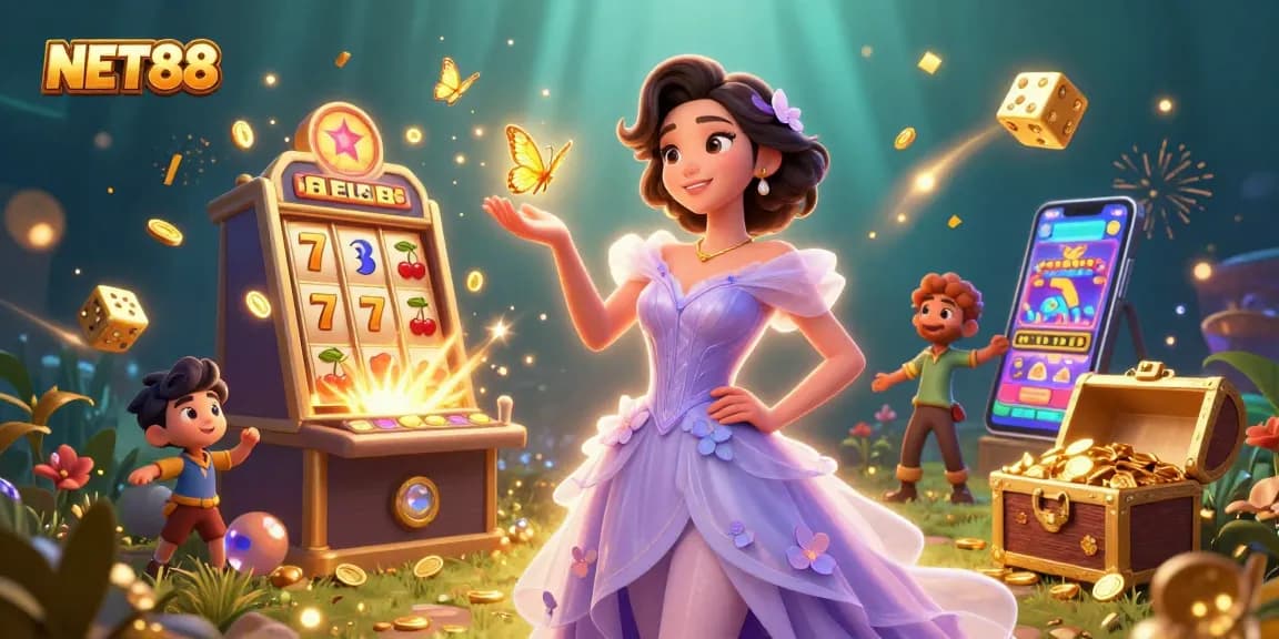 Engage in exciting games at NET88 with a lively scene of casino elements and vibrant illustrations.