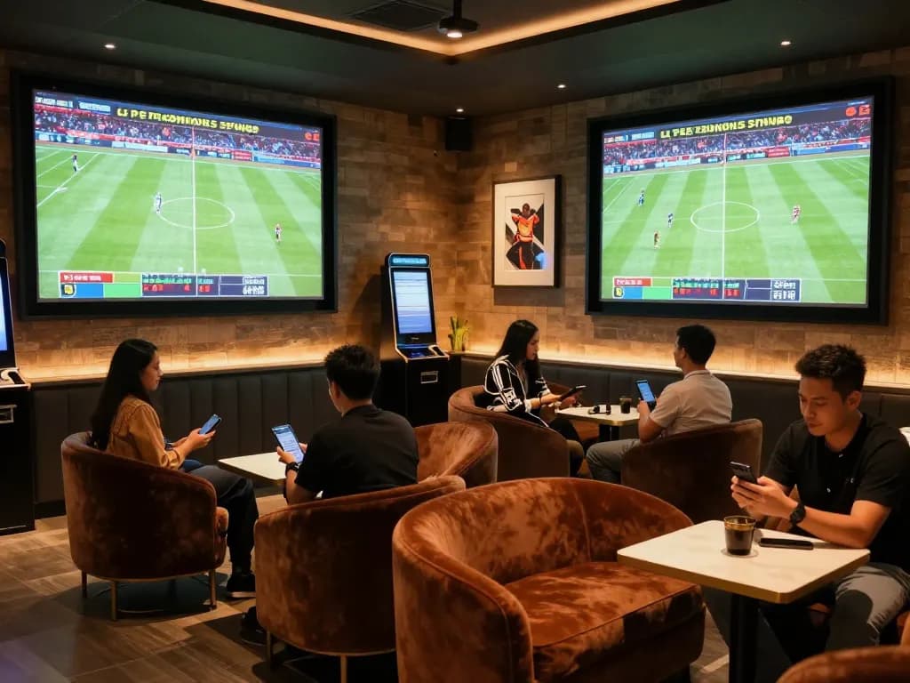 Tỷ lệ kèo nhà cái highlighted as patrons engage in sports betting strategies at a modern lounge.