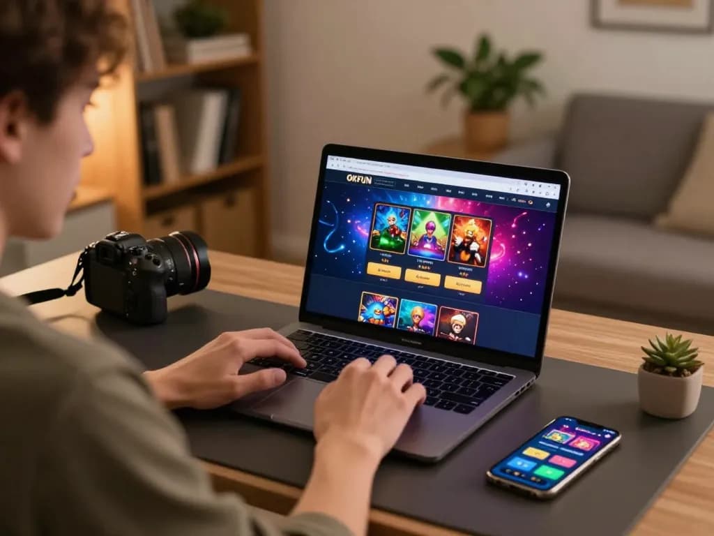 Play casino games through OKFUN platform on a cozy home setup with laptop and smartphone.