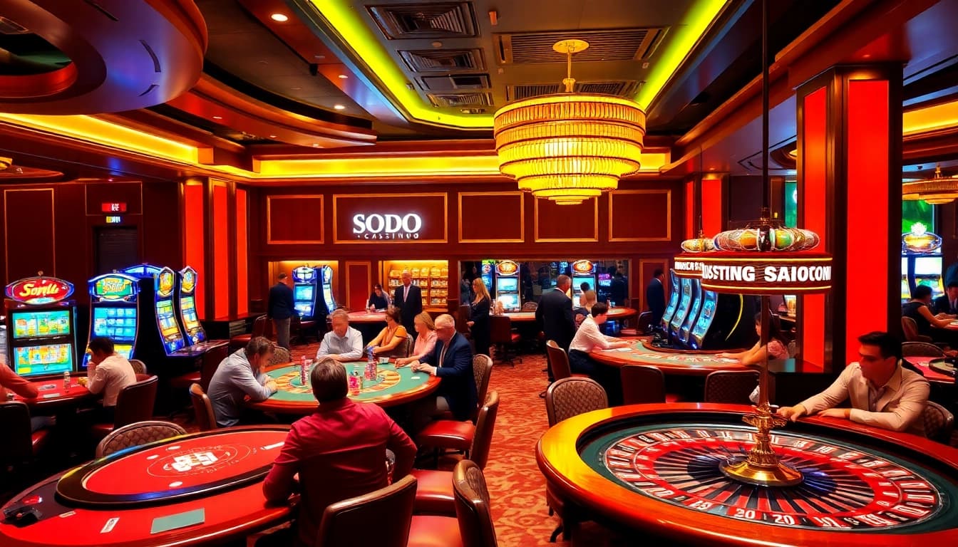 Players enjoying a thrilling game at SODO CASINO's luxurious tables while the roulette wheel spins.