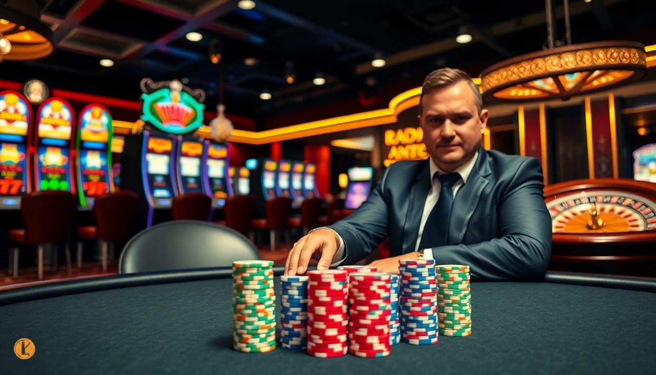 High-stakes poker scene showcasing an 8k bet with colorful chips and vibrant casino atmosphere.