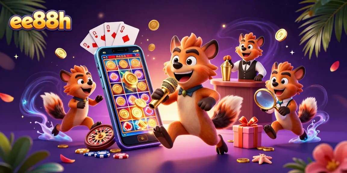 Engage with slots and jackpots at ee88h's lively casino scene featuring cartoon hyenas.