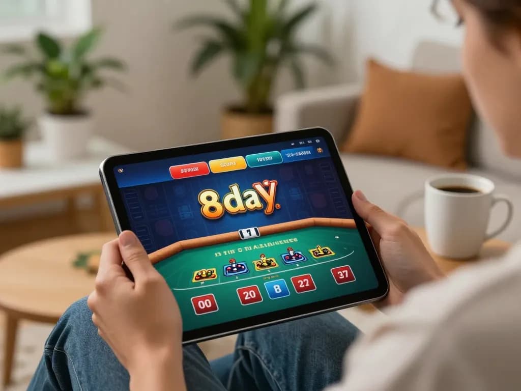 Engaged player using 8day casino app on tablet for online gambling in cozy environment