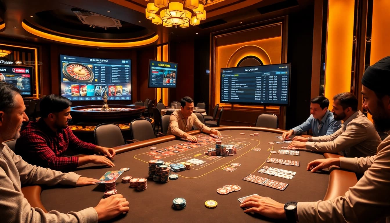 Experience the excitement of tỷ lệ kèo in a luxurious casino atmosphere featuring poker tables and roulette.