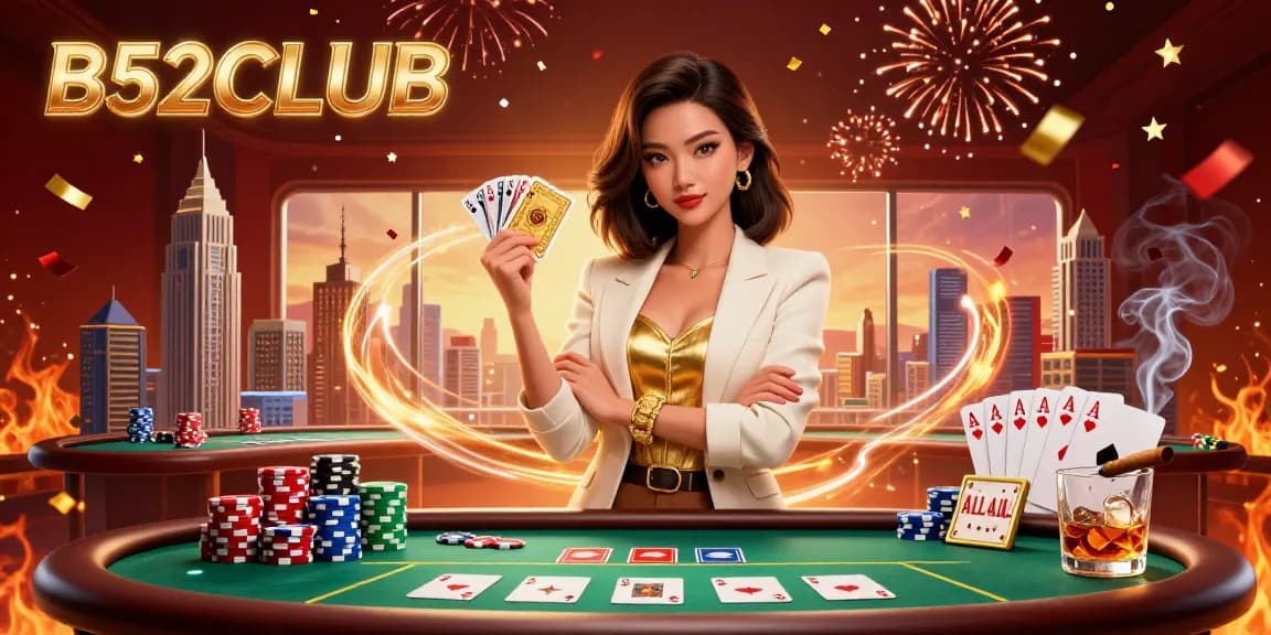 B52CLUB showcases a stylish Asian businesswoman holding cards in an extravagant casino scene.
