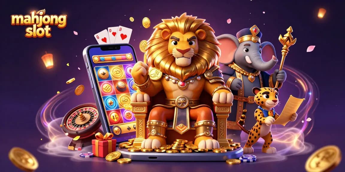 Experience mahjong slot with a royal lion king, smart elephant, and fast cheetah in a dynamic gaming scene filled with riches.