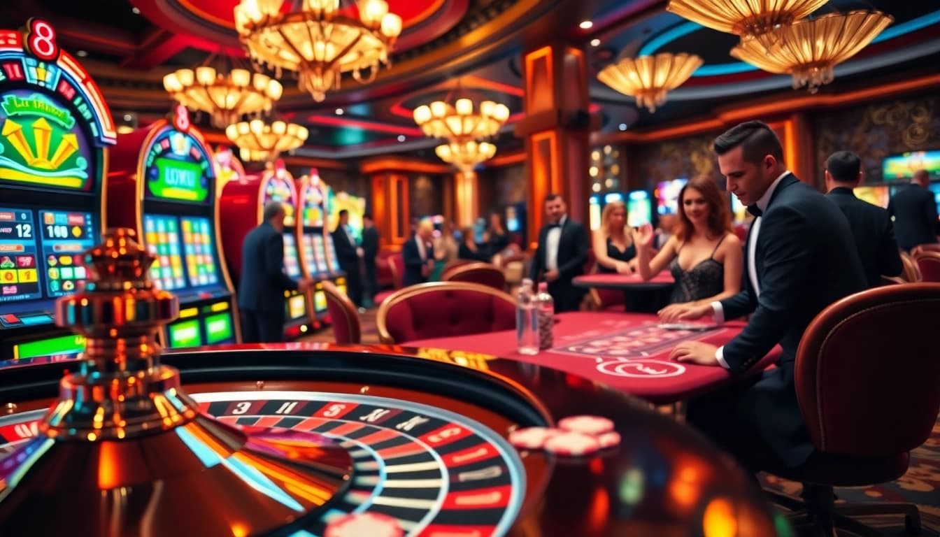 LUCK 8 captivates players at a luxurious casino with vibrant roulette and slot machines.
