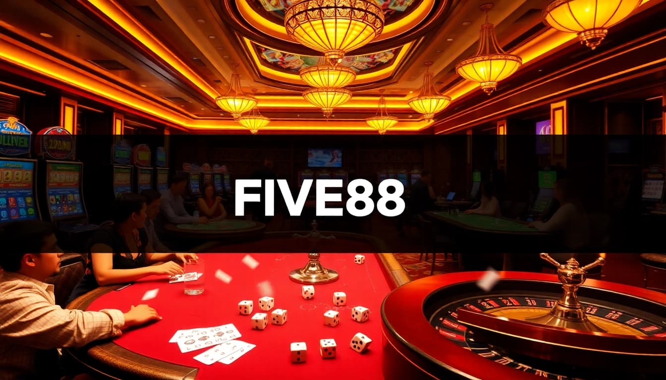 Experience immersive gambling excitement at FIVE88 with poker tables, vibrant slot machines, and a luxurious atmosphere.