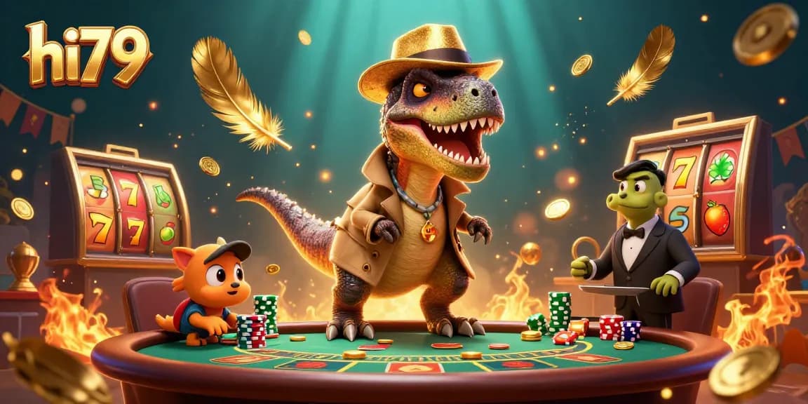 hi79 velociraptor card counter surrounded by exciting casino elements, including slot reels and gold coins