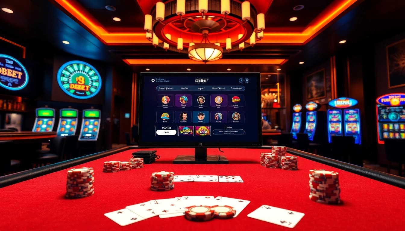 Cổng Game DEBET elevates online gambling with vibrant casino tables and digital interfaces.