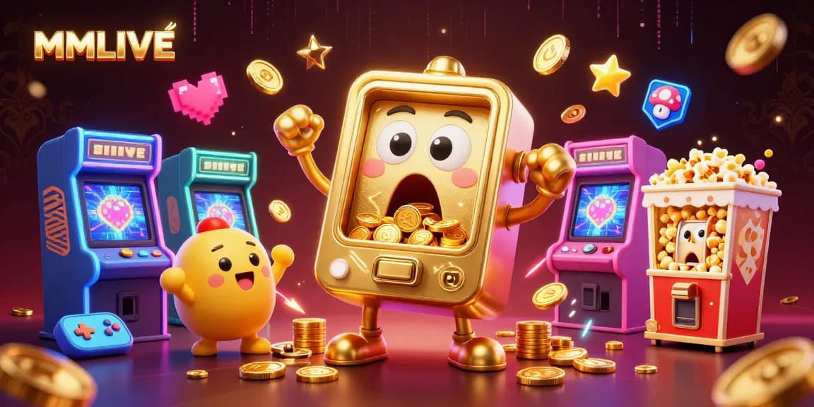 MMLIVE slots jackpot celebration featuring golden machines and vibrant gaming elements