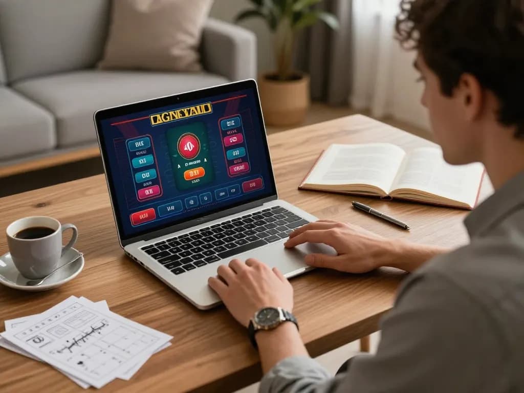BOMWIN player engaging in live dealer games on a laptop at a stylish desk.