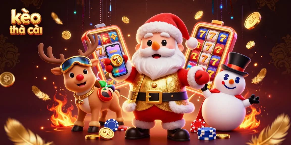 Engage in kèo nhà cái with a festive scene featuring Santa, a reindeer dealer, and a poker chip snowman.