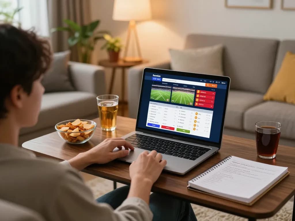 Bongdalu online bet interface on laptop in cozy home setting, showcasing live scores and strategic notes.