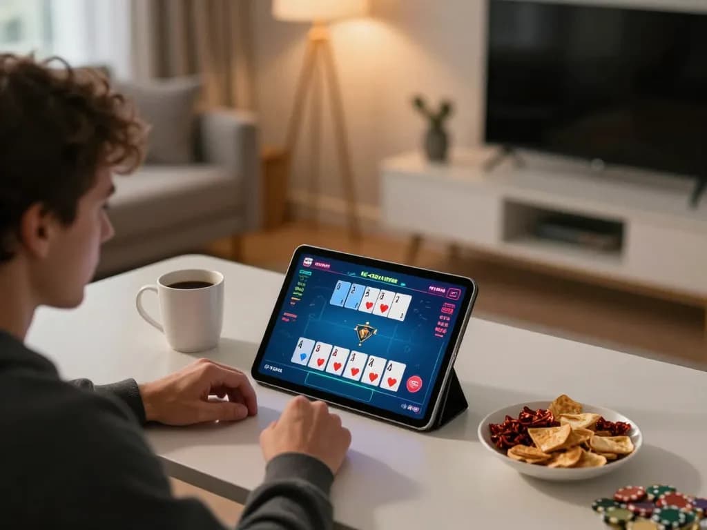 Engaging in strategic online poker gaming at lc88 with cozy home setup.