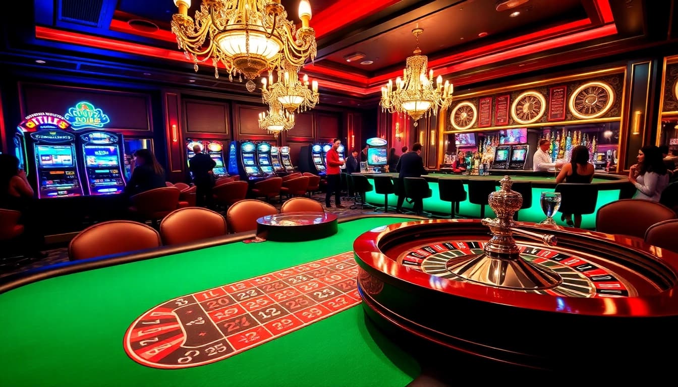 Experience the thrill of high-stakes gambling at https://qq88z.net/ with an elegant poker table and spinning roulette wheel.