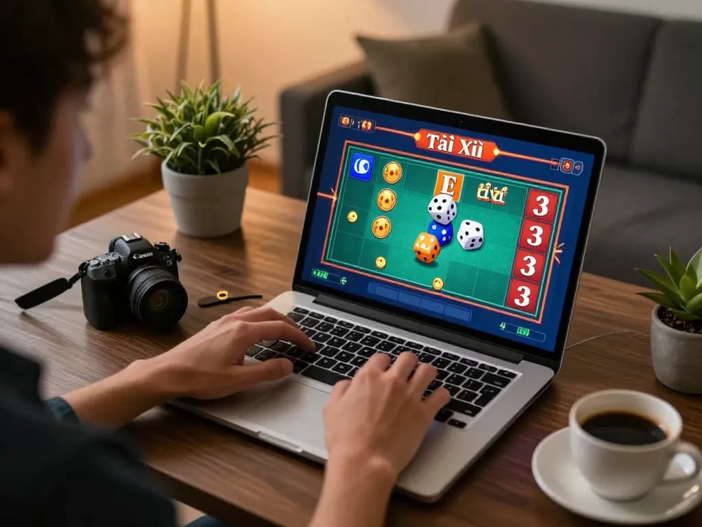 Engaging scene of a player enjoying taixiuonline at home, featuring laptop gameplay and coffee nearby