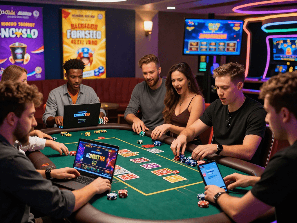 Players enjoying KOMBET168 online casino games in an immersive setting, showcasing excitement and vibrant graphics.