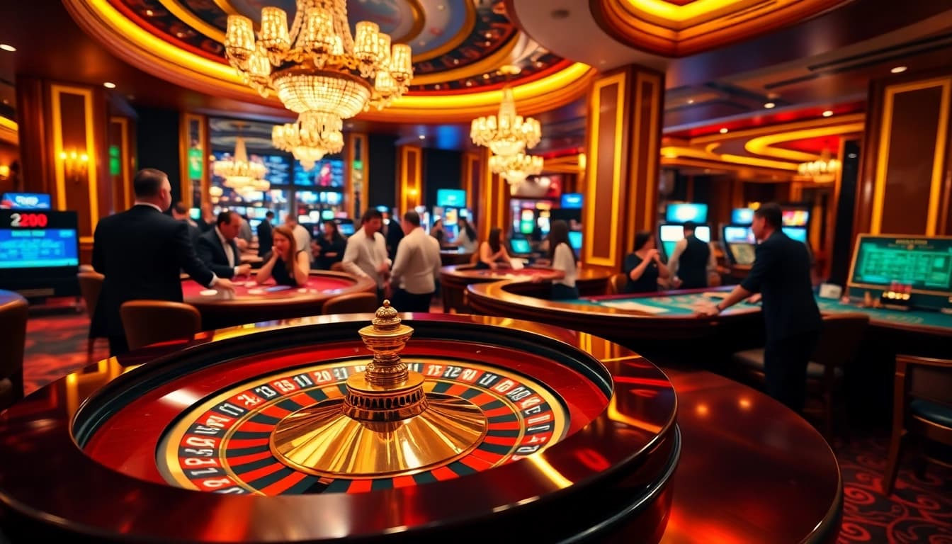 Exciting casino scene at qh88 featuring roulette, chips, and vibrant players.
