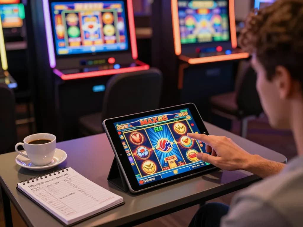Player engaging in online slot gaming on a tablet, showcasing MAX88 vibrant graphics and gameplay.