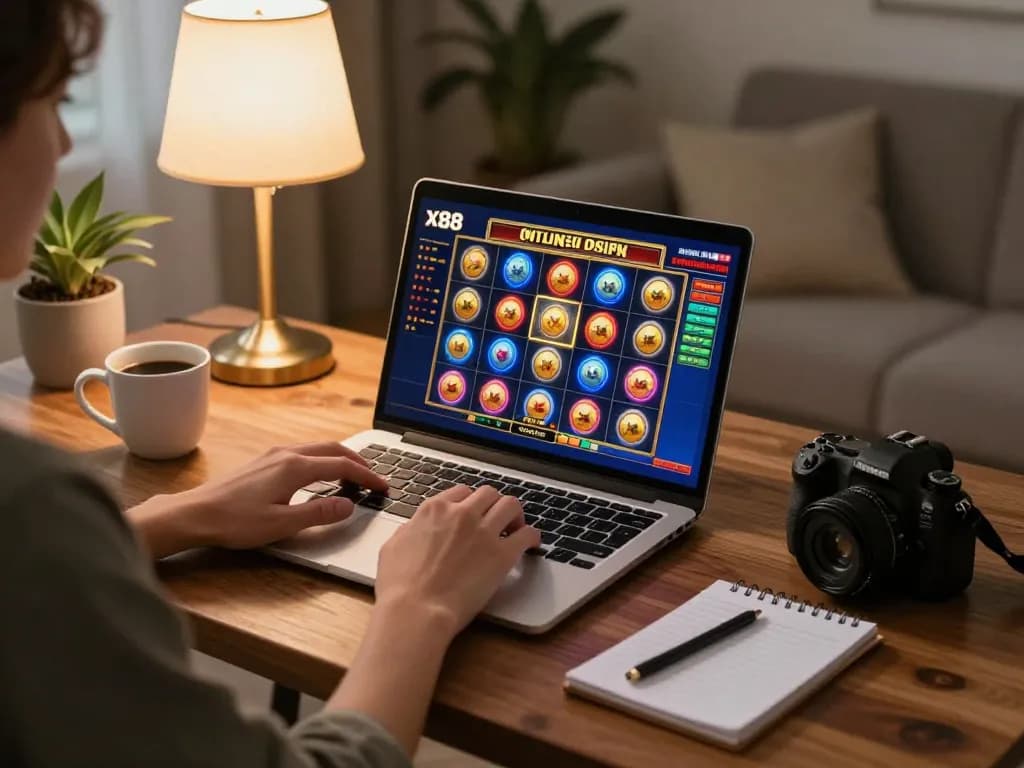 x88 online gambling experience with player engaged at laptop in cozy home setting