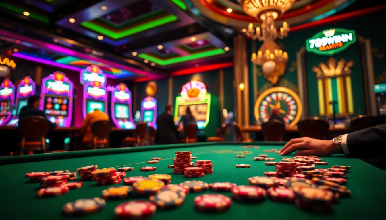 Experience the thrill of 789winn at a vibrant casino table with colorful poker chips and engaging slots.