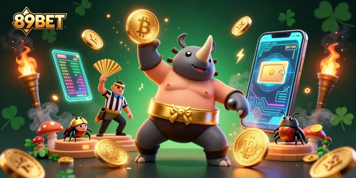 Win at 89BET with a vibrant 3D casino scene of a rhinoceros beetle sumo champion celebrating amidst flying coins and digital gaming elements.