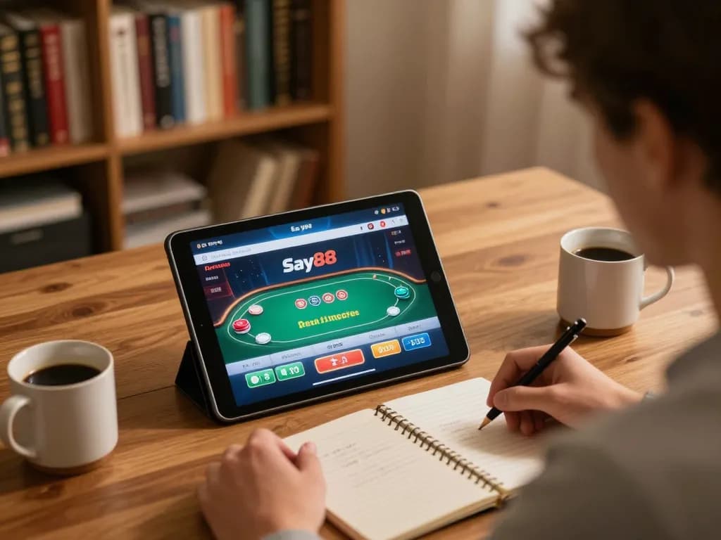 Engaging user plays poker on Say88 tablet in a cozy home setting