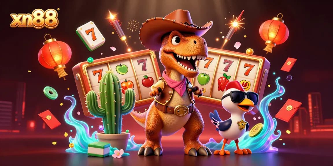 Experience thrilling games with xn88 showcasing a cowboy dinosaur and vibrant casino elements in a dynamic scene.