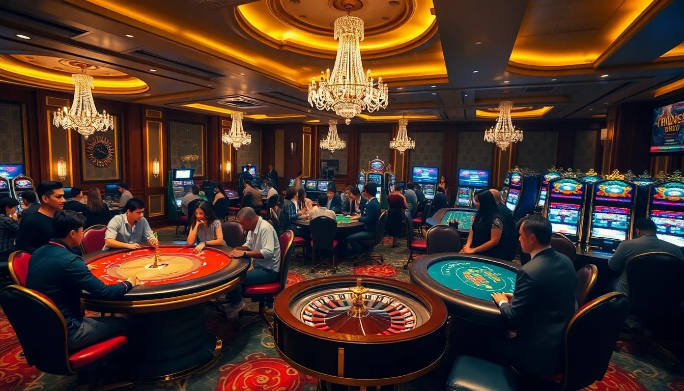 Players enjoying diverse games at https://urr88.com/ casino with vibrant excitement and luxury.