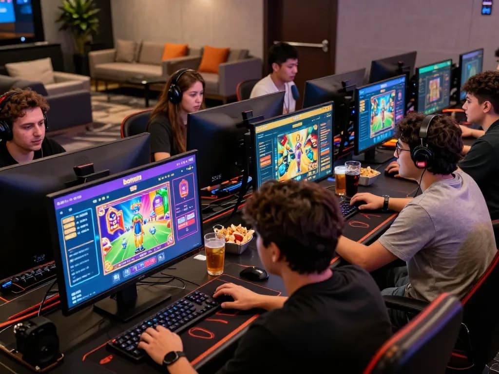 Exciting bomwin online gaming experience with diverse players at sleek stations and engaging graphics.