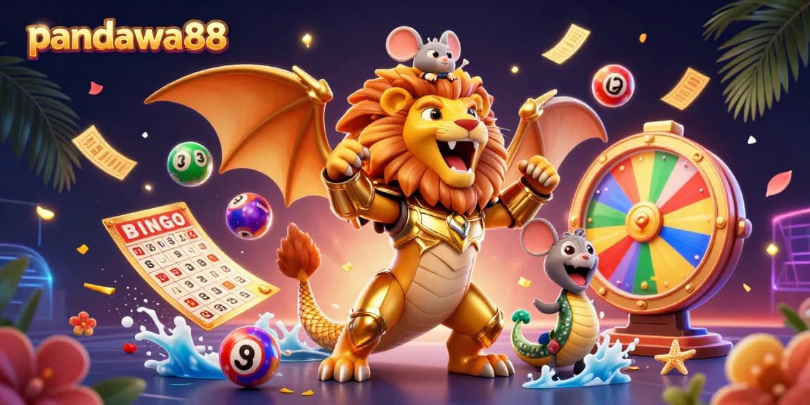 Experience the thrill and excitement of pandawa88 with a dynamic illustration showcasing golden lottery elements and a powerful chimera.