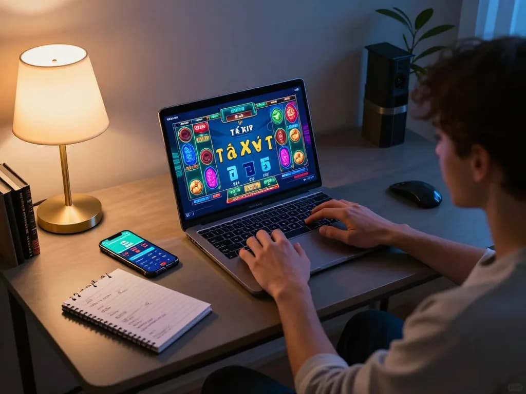 Tài xỉu online uy tín gameplay in a stylish home setup, showcasing a player engaged with an online betting app.