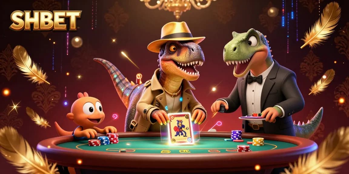 Experience SHBET's thrilling casino atmosphere with velociraptor card counter and stegosaurus pit boss in action.