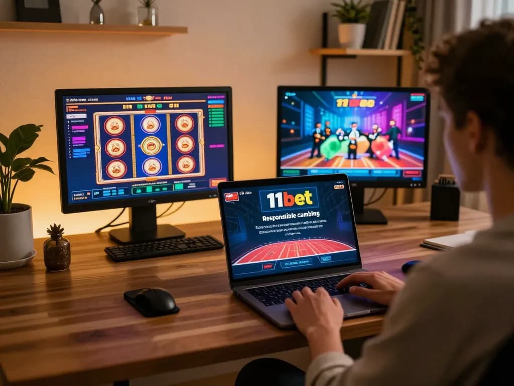 Engaging in online casino gaming with 11bet on a laptop in an elegant home setup.