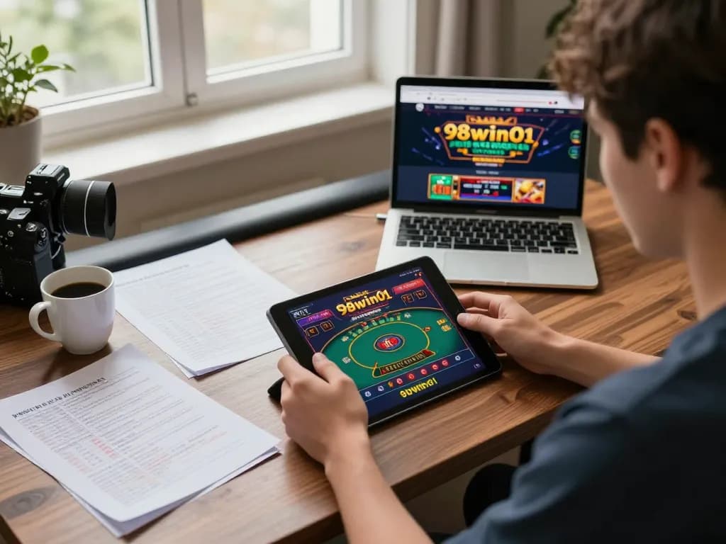 Engaged player strategically betting on live casino games at 98win01 on a tablet in a cozy home setup.