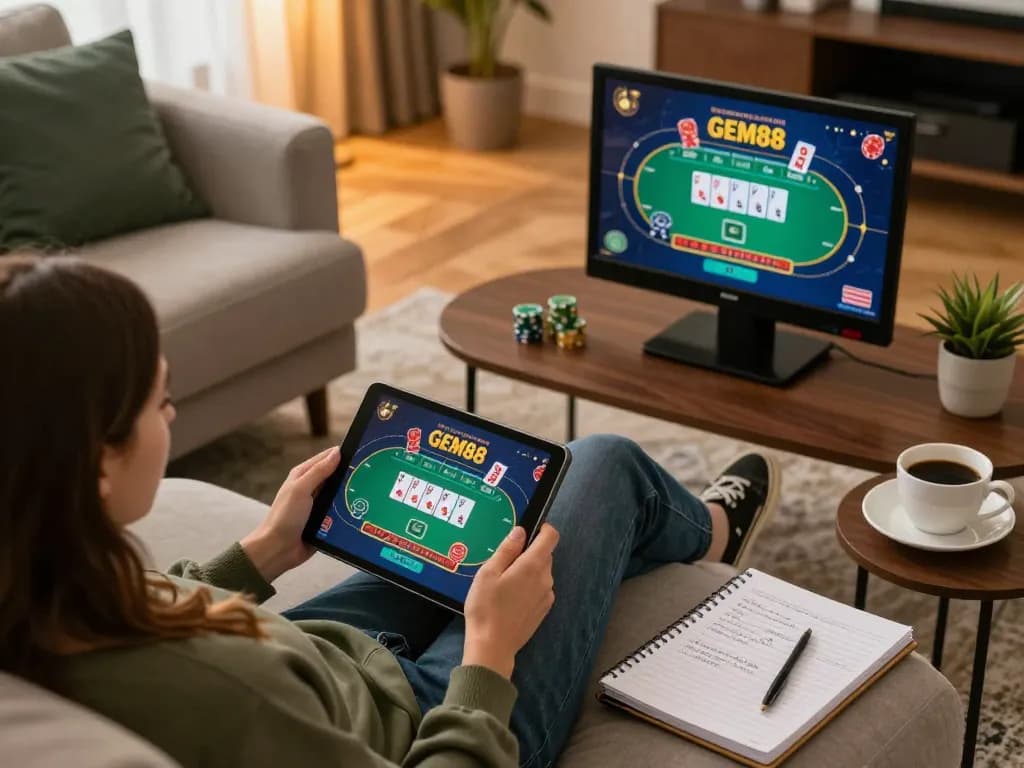 Engaged gamer enjoying GEM88 poker on tablet at home with strategy notes.