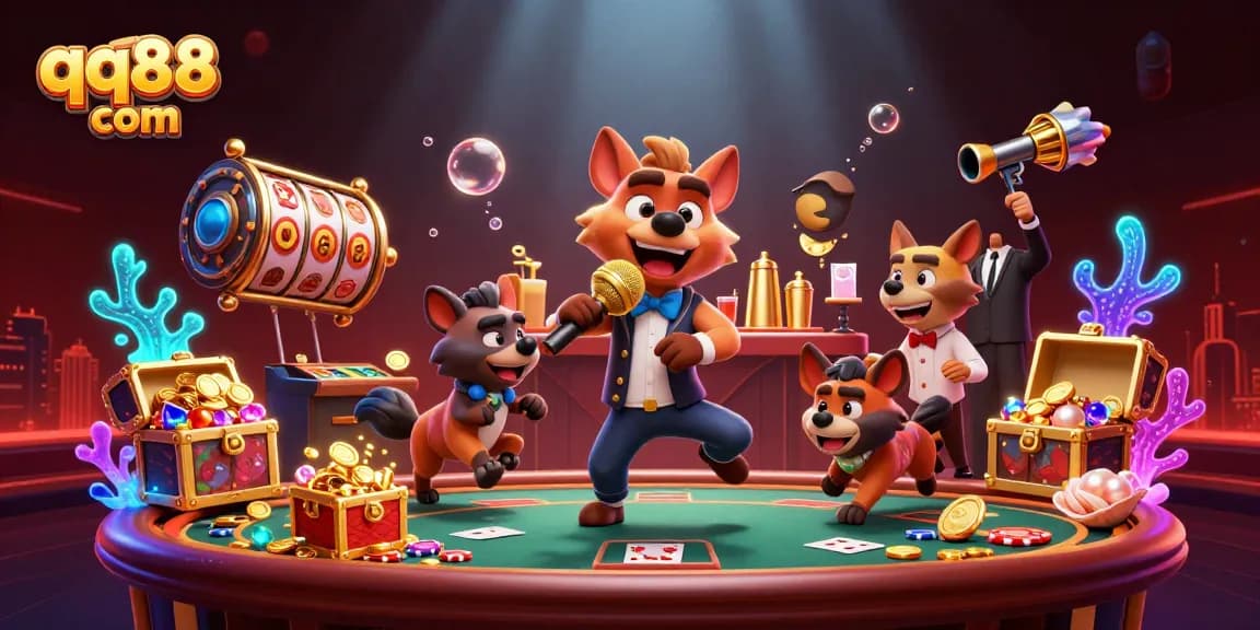 Experience the excitement at qq88 com with lively hyenas in a casino club setup, humorously engaging in casino fun.