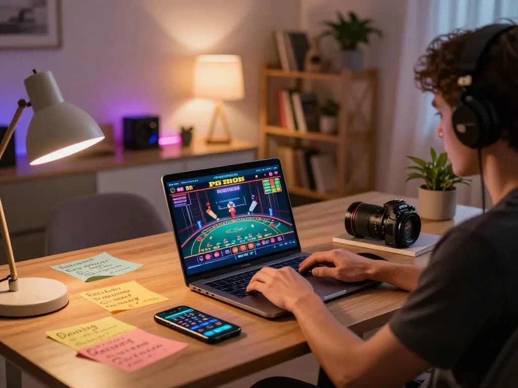 Player engaging with link gacor on laptop at a modern home office, warm lighting creating a cozy atmosphere