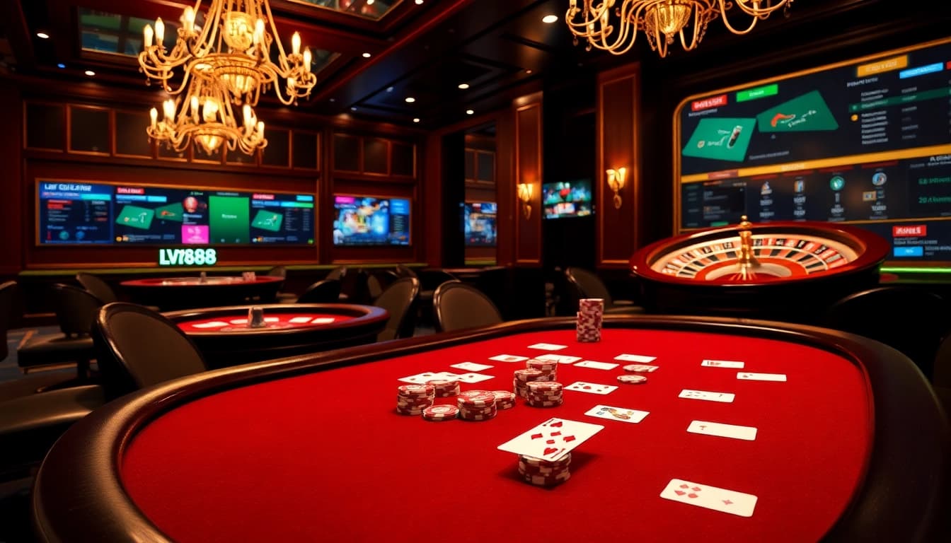 Experience thrilling gameplay at LV88’s premium poker table with vibrant chips.