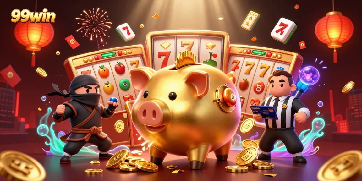 Engage in slot gaming with 99win's vibrant illustration featuring a piggy bank sumo wrestler and dynamic casino elements.