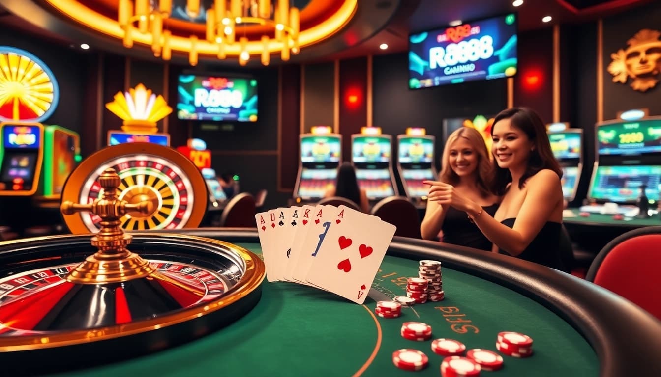 Experience the excitement of RR88 at a vibrant casino with roulette, poker, and slot machines.
