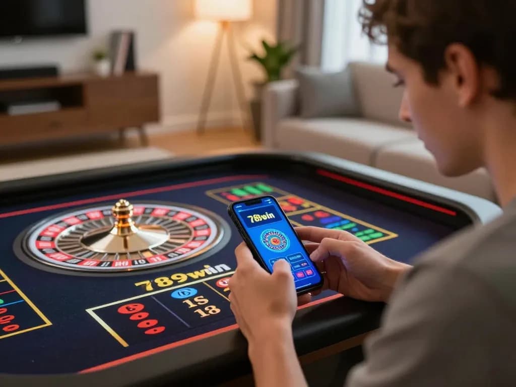 Engaging smartphone gameplay at home, player enjoying 789win roulette in cozy setting